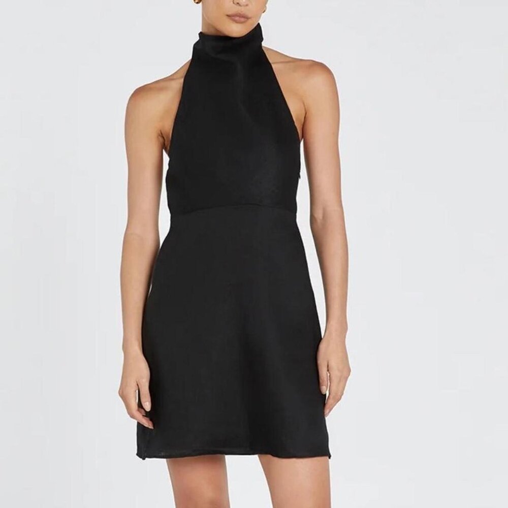 DISSH Vera Black Linen Halter Dress Size 4 Cowl Neck Sleeveless Mini Little Blac